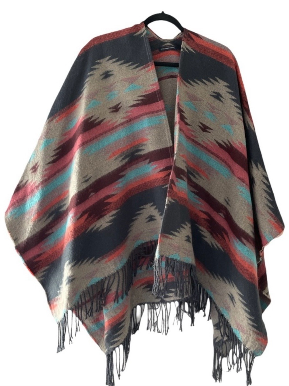 American Eagle Women's Aztec Fringe Poncho Wrap - Multicolor